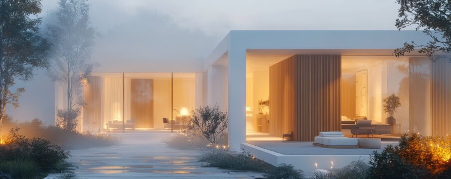 Luxurious evening at a modern home with white walls, wood details, and a warmly lit interior, enveloped by fog