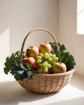 Fresh Organic Vegetables and Fruits in Wicker Basket.
