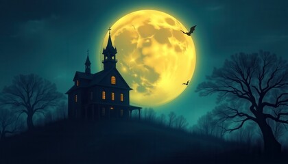A haunted house on a hill silhouetted against a large full moon with bats flying across the sky.