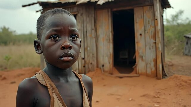Young African Boy Standing in Front of a Simple Wooden Hut with a Pensive Expression