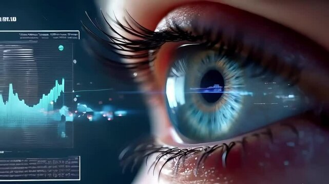 Animation of financial data processing and scope scanning over eye