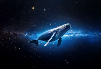 Fototapeta premium A humpback whale swims through a starry sky.