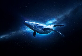 Fototapeta premium A whale swims through a starry sky, illuminated by a swathe of bright light.