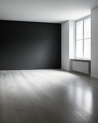 Empty Room with Wooden Floor Black Wall and Window.