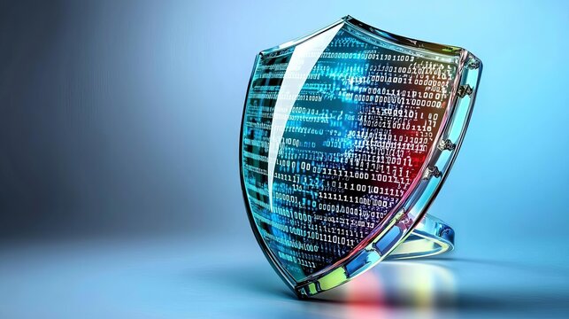 Digital shield with binary code, blue background, symbolizing cybersecurity.