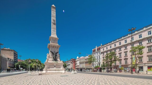 Restauradores Square (Praca dos Restauradores) in Lisbon timelapse hyperlapse. Dedicated to the restoration of the independence of Portugal. Monument to the Restorers and historical houses around