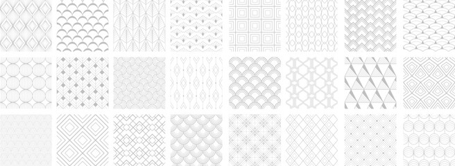 Collection of art deco seamless ornamental geometric patterns - delicate design. Repeatable oriental elegant backgrounds. White and gray outline prints