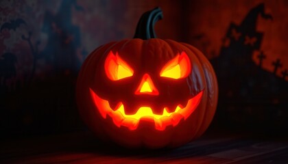 Obraz premium A carved pumpkin glowing in the dark with spooky shadows cast on the walls.