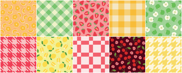 Collection of seamless color textile and fruits patterns - summer bright design. Vector repeatable backgrounds. Vibrant tropical prints. Unusual fabric textures