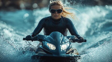 A woman riding a jet ski through waves, showcasing action and adventure.