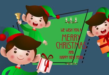 Christmas and New Year poster design. Jolly elves holding gifts and ringing bell on abstract background. Illustration can be used for banners, flyers, greeting cards