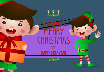 Christmas and New Year poster design. Cheerful elves greeting and holding gifts. Illustration can be used for banners, flyers, greeting cards