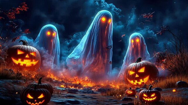 Three ghostly figures with glowing eyes wander through a pumpkin patch at night, setting a haunting Halloween mood filled with mystery