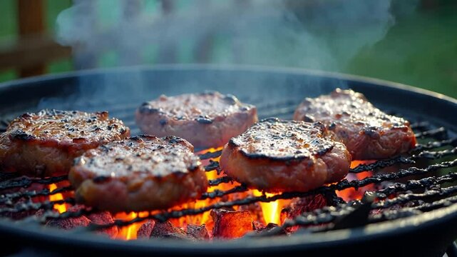 Close-Up of Burgers Grilling Over Flames on a Charcoal Grill