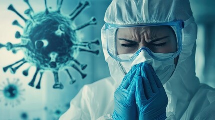 A doctor sneezing into a tissue while wearing full protective gear, showcasing the importance of healthcare workers adhering to strict hygiene protocols in clinical settings