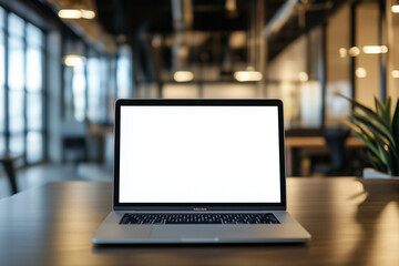 A blank white screen of an open laptop placed on the table in front view with a blurred background, a concept for displaying images or text. The scene is set against a blurry office interior backdrop.