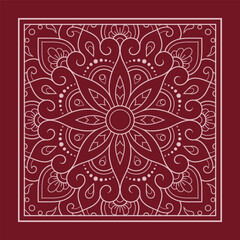 Circular pattern in form of mandala with flower for Henna, Mehndi, decoration. Red decorative ornament in ethnic oriental style for a bandana. Outline doodle hand draw vector illustration.