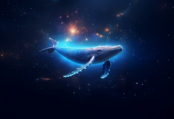 Fototapeta premium A glowing whale swims through a vast, dark expanse of stars.