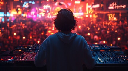 Obraz premium DJ performing at a vibrant music festival, surrounded by an enthusiastic crowd.