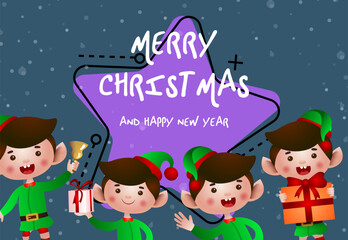 Christmas greeting card design. Team of elves ringing bell and giving gifts on abstract background. Illustration can be used for banners, flyers, posters