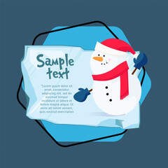 Christmas poster template. Cartoon snowman with sample text on piece of ice on blue background. Illustration can be used for banners, flyers, greeting card design