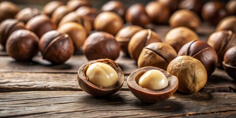 Macadamia nuts glisten on a weathered wooden surface, showcasing their natural beauty. Perfect for health and wellness, they offer a nutritious, delicious snack option.