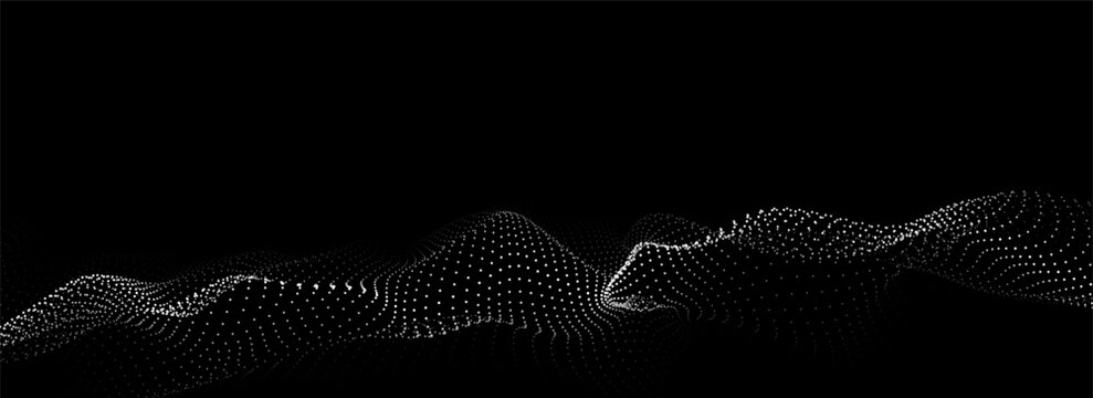 Dark cyberspace in digital background. Vector abstract technology black wave with motion dots and lines. Connection big data. Futuristic wireframe texture. Analysis a network connection.
