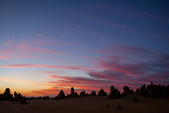 The lunar-like Pinnacles during sunset in Western Australia.