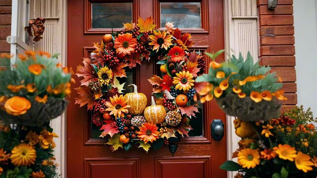Vibrant Fall wreath with flowers, pumpkins, and leaves, decorating a red front door. Thanksgiving and autumn gatherings