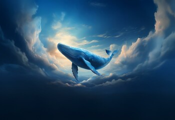 A blue whale soars through the sky, surrounded by white clouds and a blue sky.