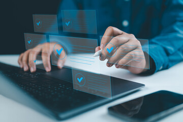 checklist and clipboard task documentation management, business people working laptop checklist...