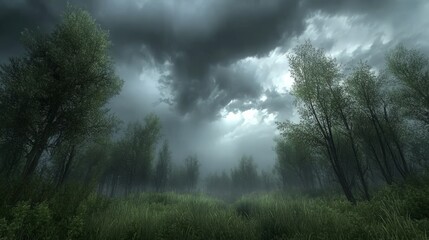 Fototapeta premium Dark and Ominous Forest Landscape Under Stormy Skies