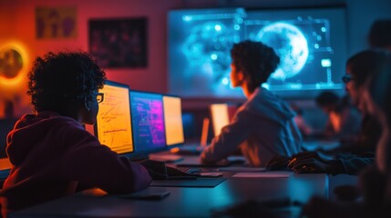 A virtual calculus lab with participants from Asia, Africa, and Latin America solving equations, reflecting global teamwork in math education