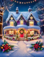 Charming Christmas House Painting with Snowy Roof, Colorful Lights, and Festive Decorations