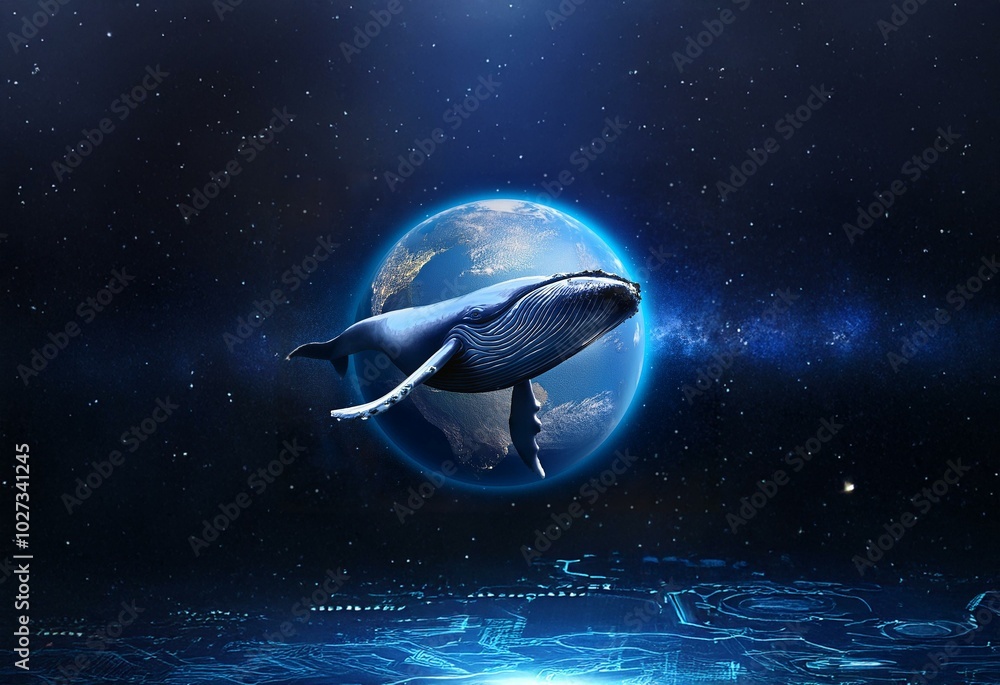 Poster a blue whale swims in front of a planet in a dark, starry sky with a galaxy in the background.