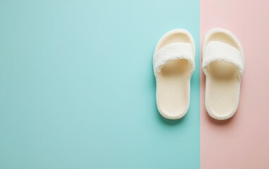 Fototapeta premium Cozy white slippers on a pastel split-tone background, minimalist design showcasing indoor comfort 