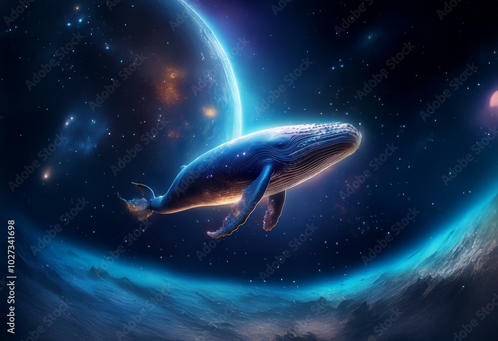 Poster a whale swims through a starry void, a distant planet in the background.