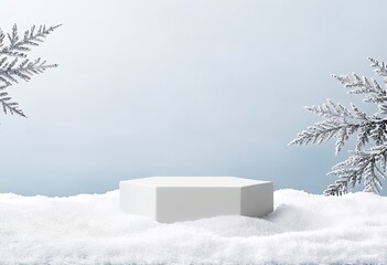 Empty White geometric-shaped podium on a snowy background in a winter scene. Perfect for cosmetic product presentation with ample copy space.. Made with Generative AI Technology