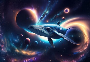 Obraz premium A blue whale swims through a vast cosmic expanse, surrounded by planets, swirling nebulae, and a black hole.