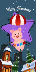 Naklejka premium Christmas vertical banner design. Cute piggy flying with parachute over night city. Illustration can be used for greeting cards, flyers, posters