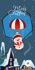 Christmas vertical banner design. Joyful snowman flying with parachute over snow covered rooftops. Illustration can be used for greeting cards, flyers, posters