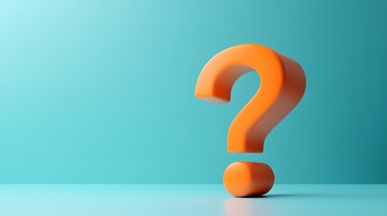 3D orange gradient question mark on a blue background, minimalist design with a shadow effect, centered composition, and high contrast for visual impact.