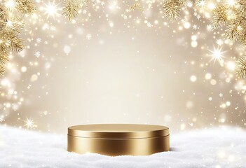 Minimal 3D golden podium in a Christmas background for beauty product presentation. Simple pedestal with snow and snowflakes in a clean, abstract winter scene.. Made with Generative AI Technology