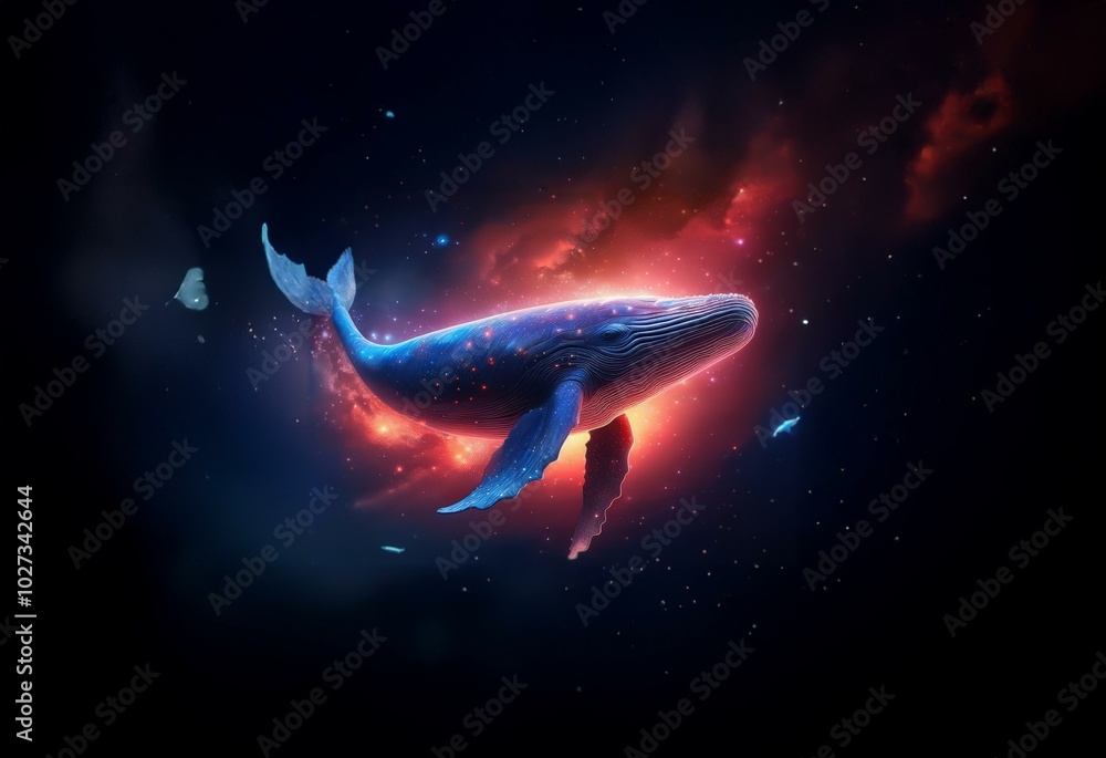 Poster a blue whale swims in a deep space nebula with red and orange colors and a dark background.