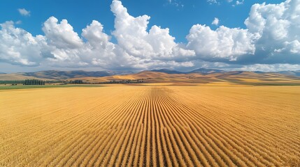 Aerial view of vast golden wheat fields arranged in a patchwork pattern, with rolling hills and fluffy clouds under a blue sky, capturing the beauty of a rural landscape.
