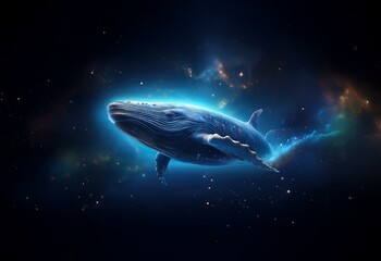 Obraz premium A blue whale swims through a nebula of stars, its body glowing with a celestial light.
