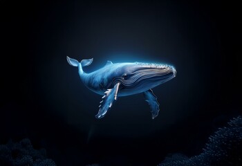 Naklejka premium A whale swims through dark water, its blue body illuminated by an ethereal glow.