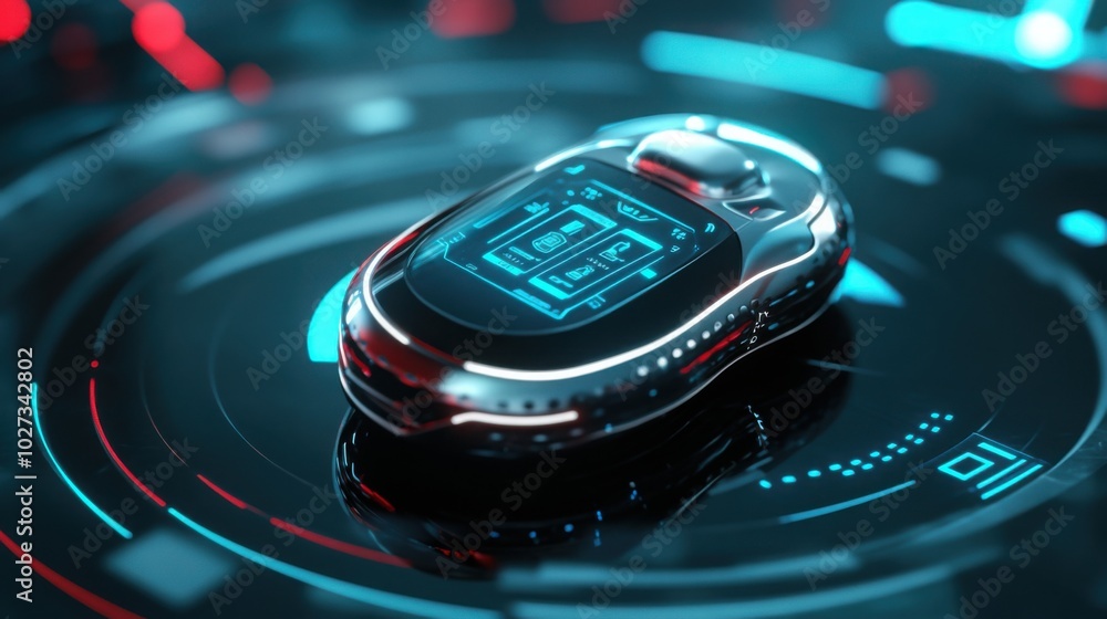 Poster a futuristic car key fob with touch-screen controls and holographic display