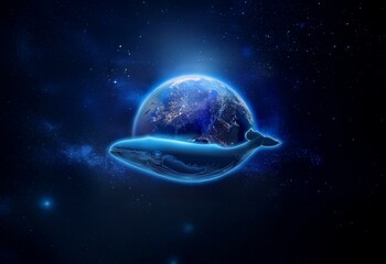 A blue whale silhouette carries the earth in its belly against a starry night sky.