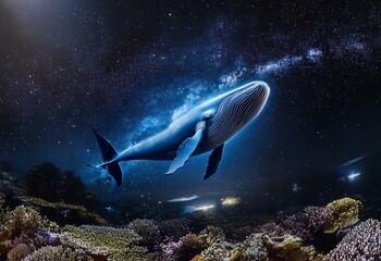 Fototapeta premium A blue whale swims through a starry night sky above an underwater reef.